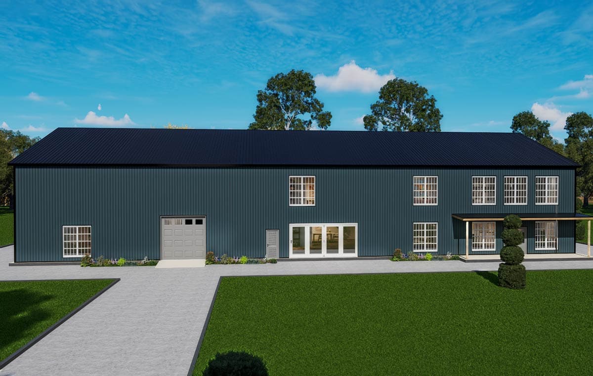 House plan exterior: Two-story building with a dark metal roof, a garage door, multiple windows, and a covered entrance.