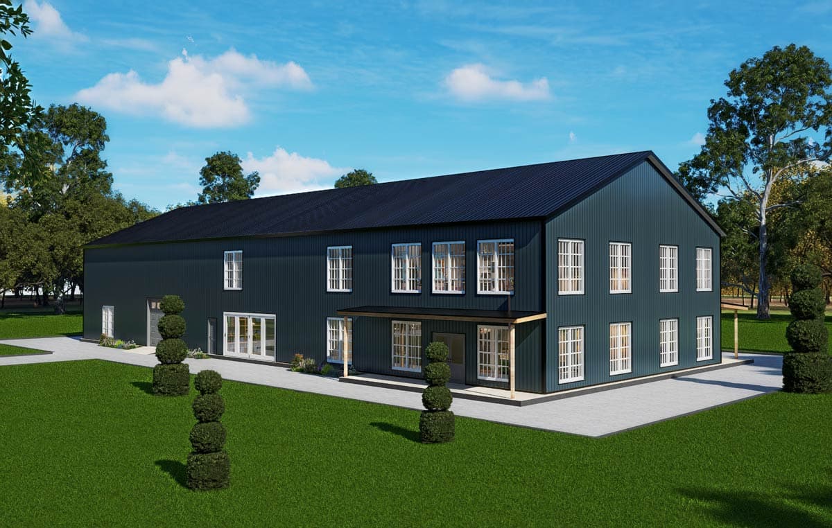 Modern two-story house plan exterior with dark blue metal siding, large windows, and a covered entrance.