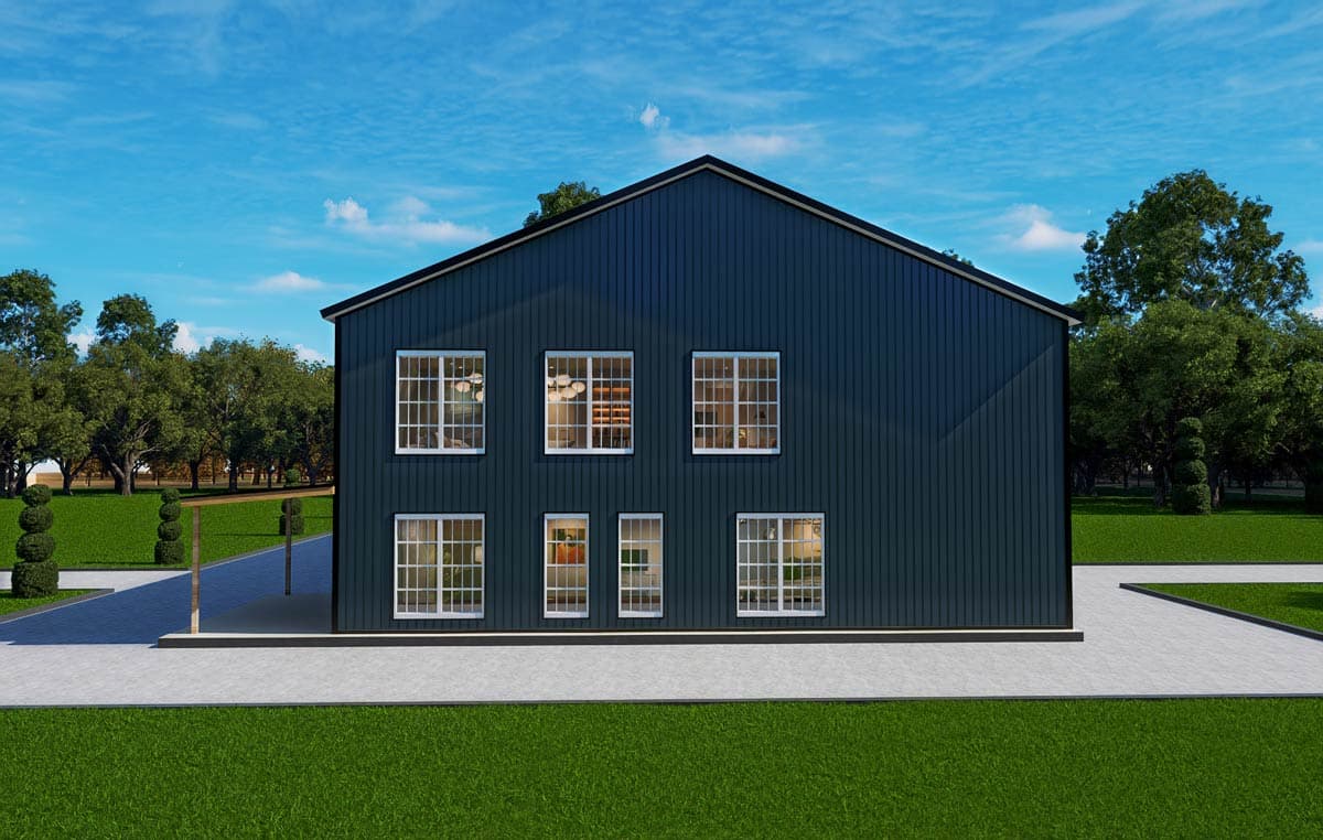 Modern house plan exterior with dark siding, symmetrical windows on two levels, and a prominent gable roof.
