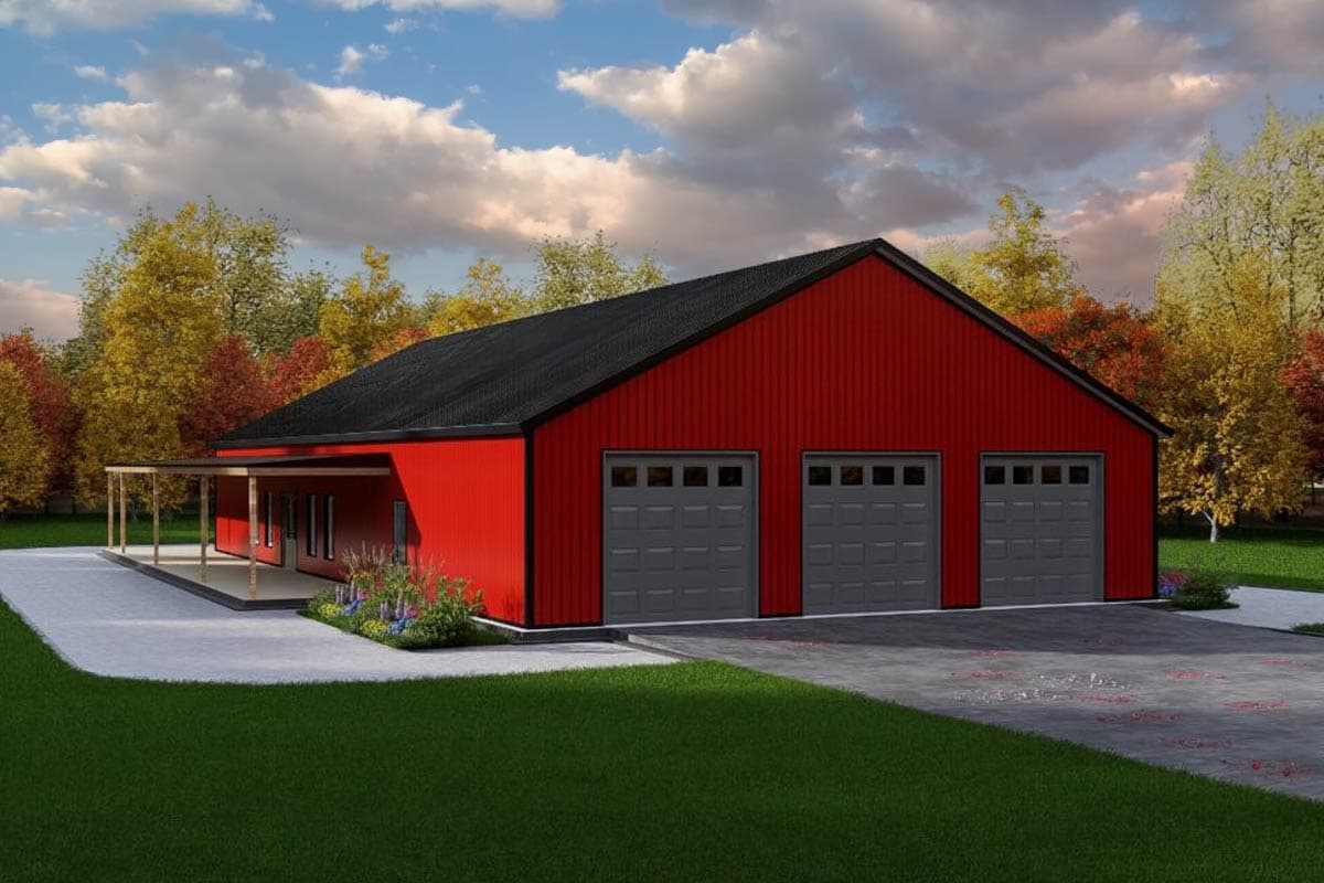 House plan exterior. One story with a shed-style roof. Features include a three-car garage, a porch with a lean-to roof, and red siding.