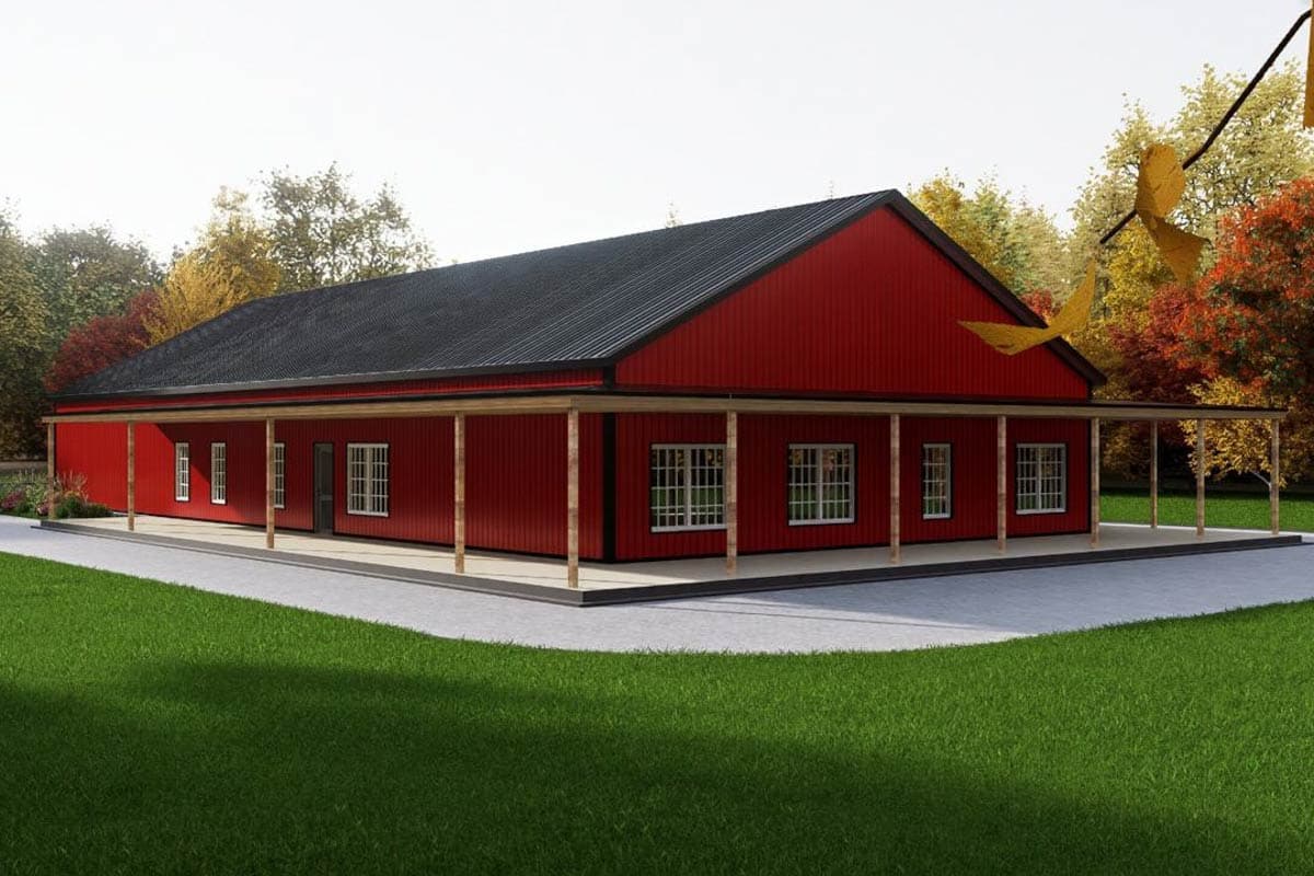 House plan exterior of a single-story red building with a wraparound porch, metal roof, and numerous windows.