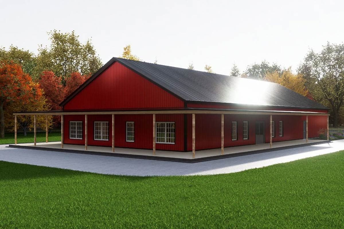 House plan exterior: Single-story red building with wraparound porch, gable roof, and multiple windows.