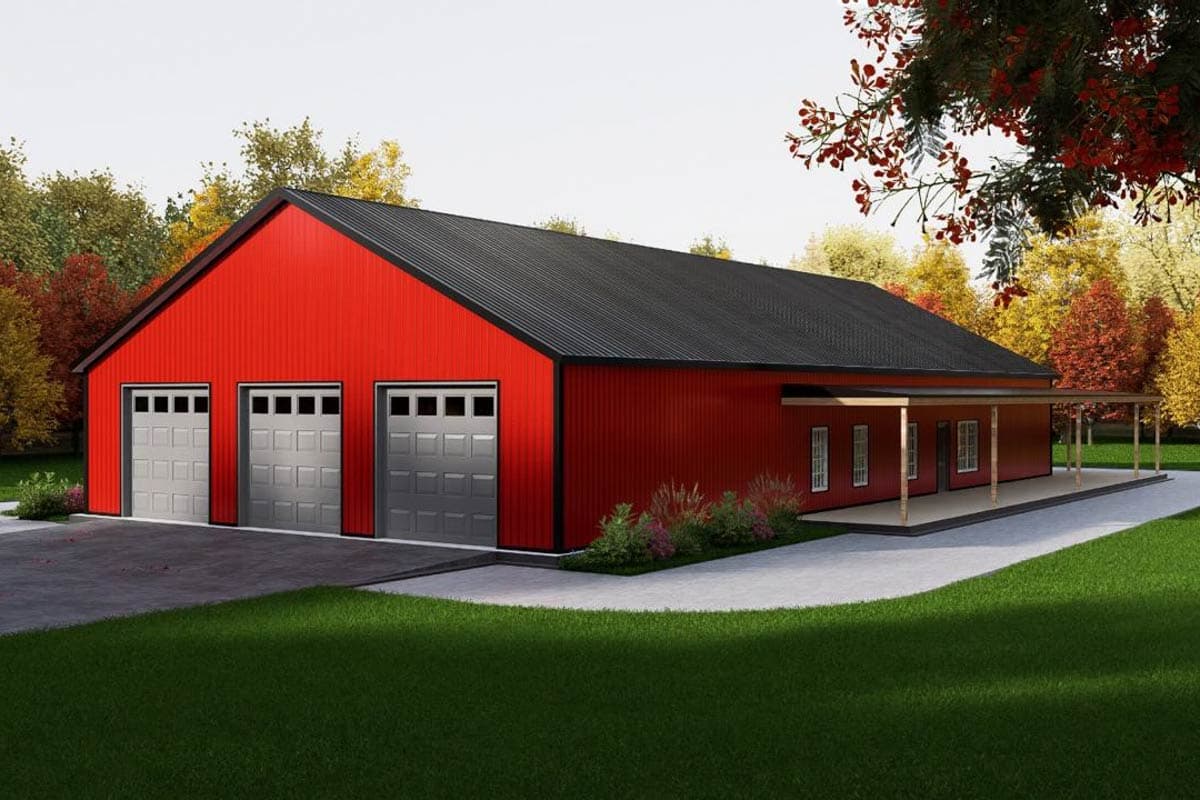 House plan exterior featuring a red metal building with three garage doors and a covered porch.