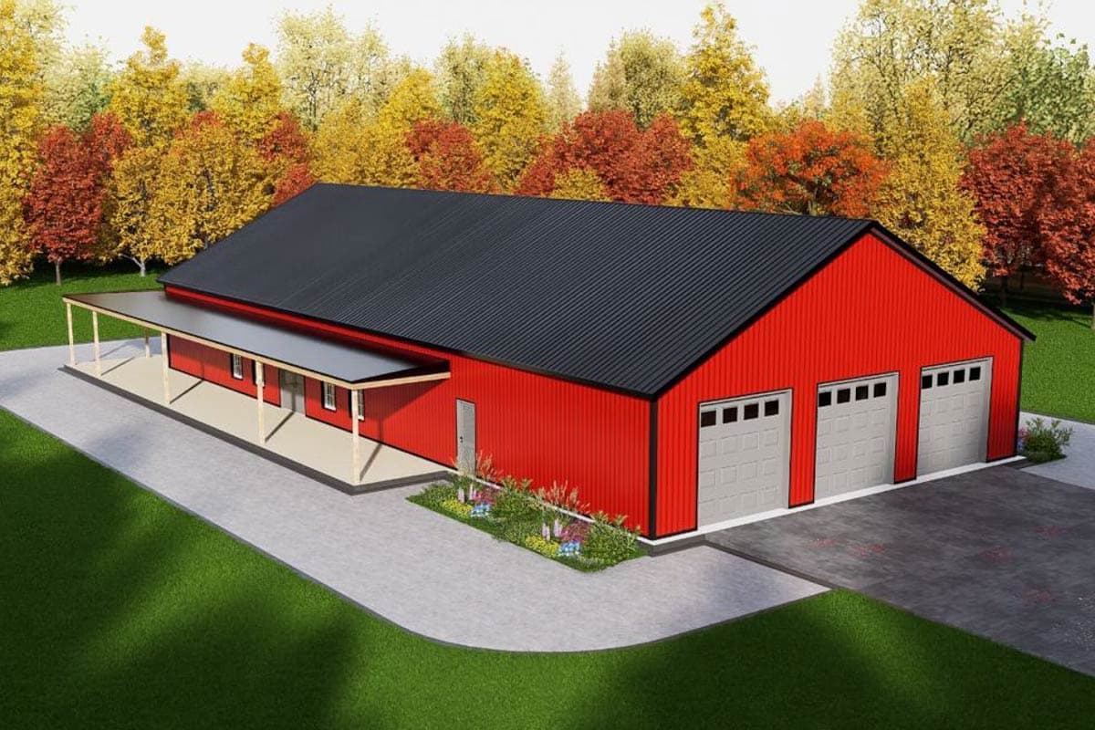 Red barn-style house plan exterior with a covered porch along the side and three garage doors on the front.