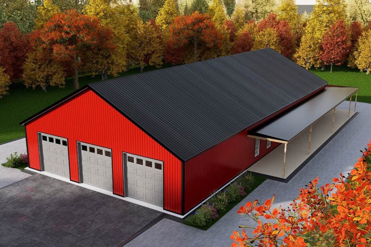 House plan exterior: Red, one-story building with a black metal roof, three garage doors, and a covered porch.