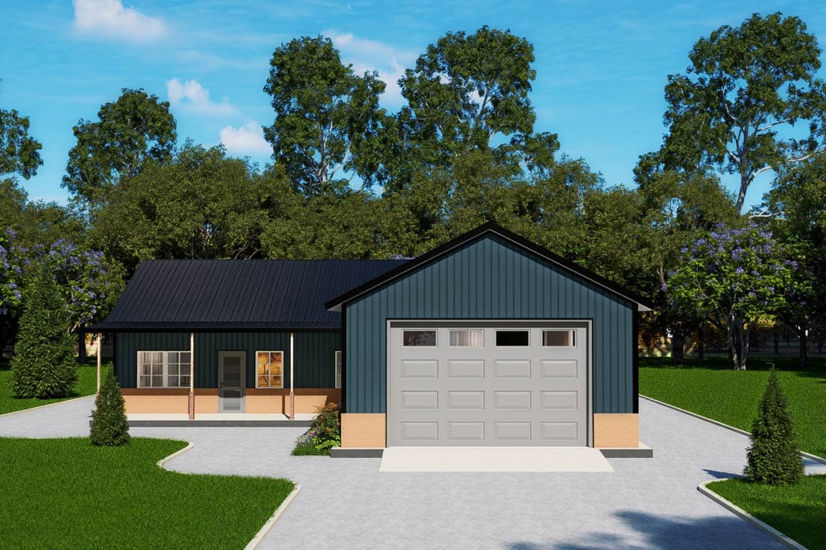House plan exterior with gable roof, front-entry garage, and a covered porch. Features dark siding and exposed brick on a single-story structure.