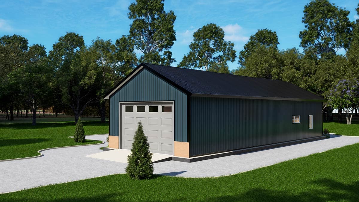 Metal sided garage with gable roof, large garage door with windows, and two small side windows. House plan exterior.