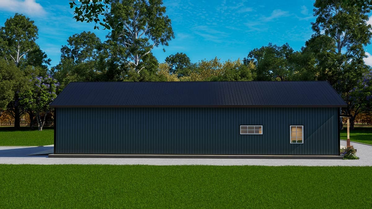 House plan exterior: dark vertical siding, gabled roof, two windows, and a visible side entrance.