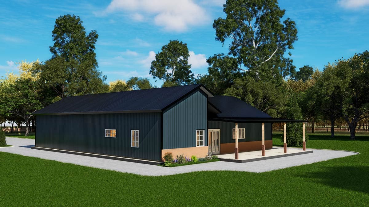 House plan exterior: single-story modern design with metal siding, gabled roof, covered porch, and inset windows.
