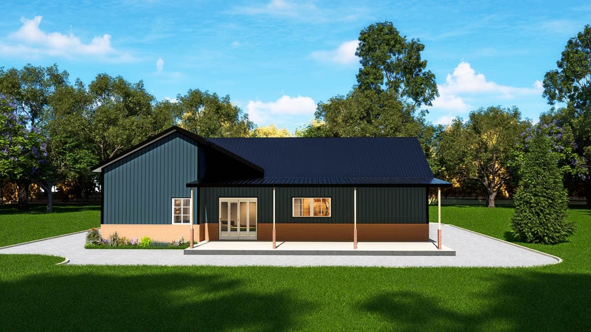 House plan exterior: Single-story, modern ranch style with dark metal roof, siding, and covered porch with brick columns.