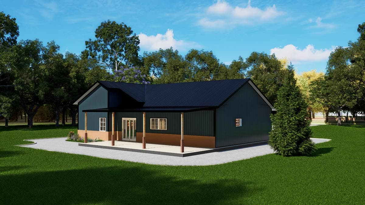 House plan exterior: One-story modern dwelling with a covered porch, dark metal roof, and dark green vertical siding.