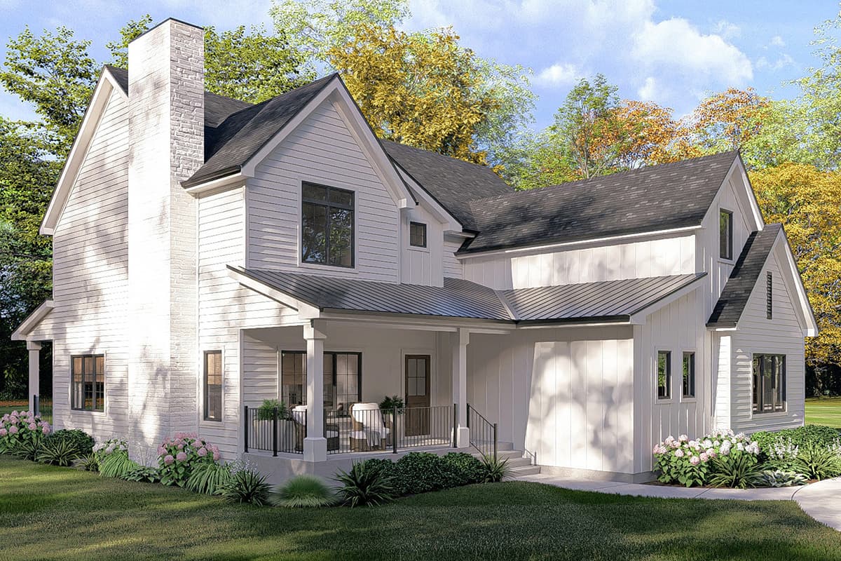 Modern Farmhouse house plan exterior with stone chimney, metal roof, gables, and covered porch with railing.