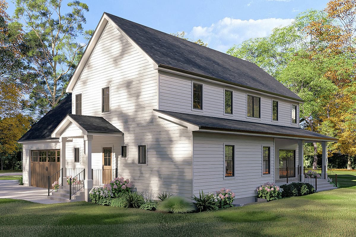 Two-story Modern Farmhouse exterior with a prominent gable, covered front porch, and attached side-entry garage.