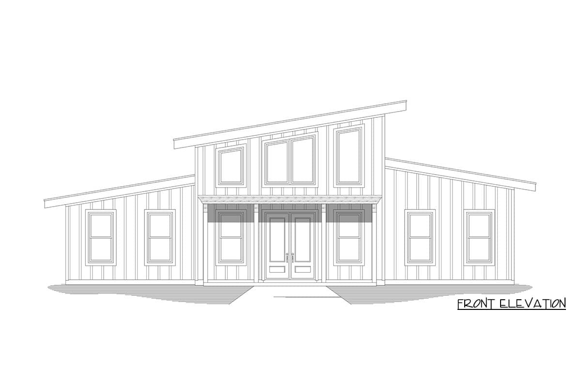 Front elevation drawing of a modern house with a steeply pitched roof, vertical siding, and a central covered entrance with double doors.