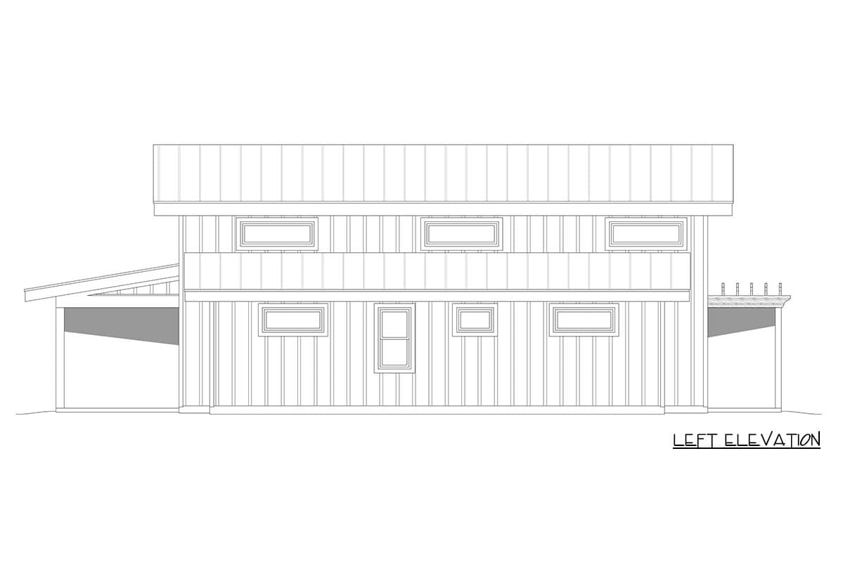 Left elevation drawing of a two-story house plan with a metal roof, shed roof extension, and multiple rectangular windows.