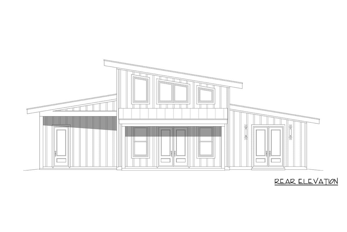 Rear elevation house plan with a modern asymmetrical roofline, a covered porch with double doors, and multiple upper-level windows.