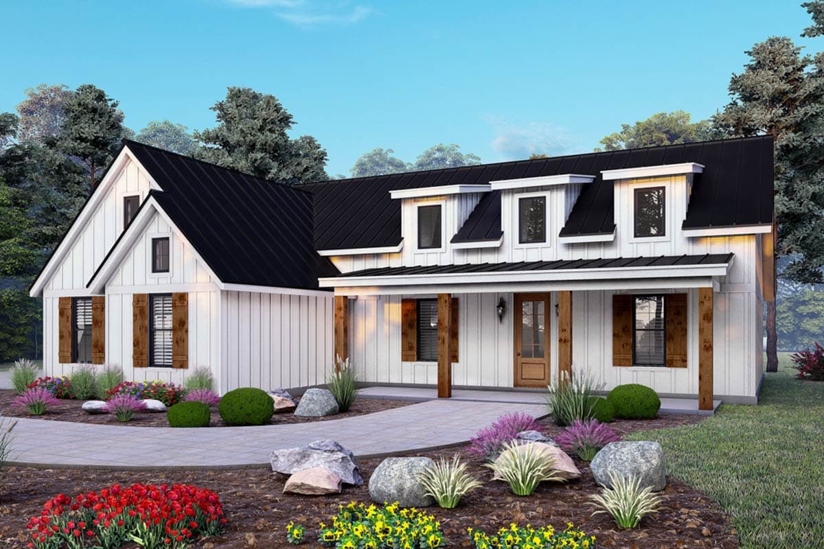 House plan exterior view, Modern Farmhouse style with a gabled roof, dormers, and a covered porch with exposed support beams.