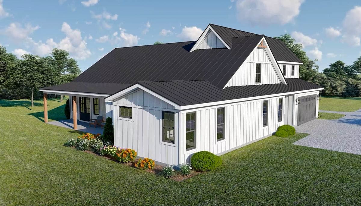 Modern Farmhouse house plan exterior with white board-and-batten siding, black metal roof, covered front porch, and attached garage.