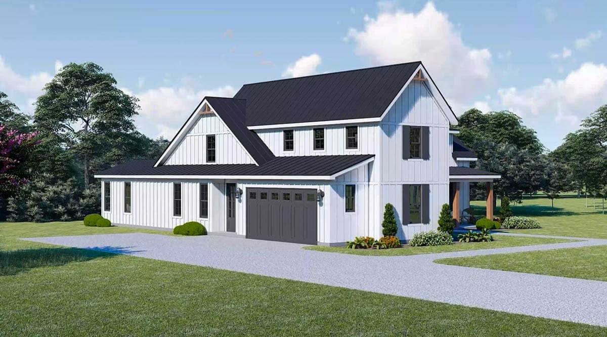 Modern Farmhouse house plan exterior with white vertical siding, gables, dormers, black metal roof, and attached garage.