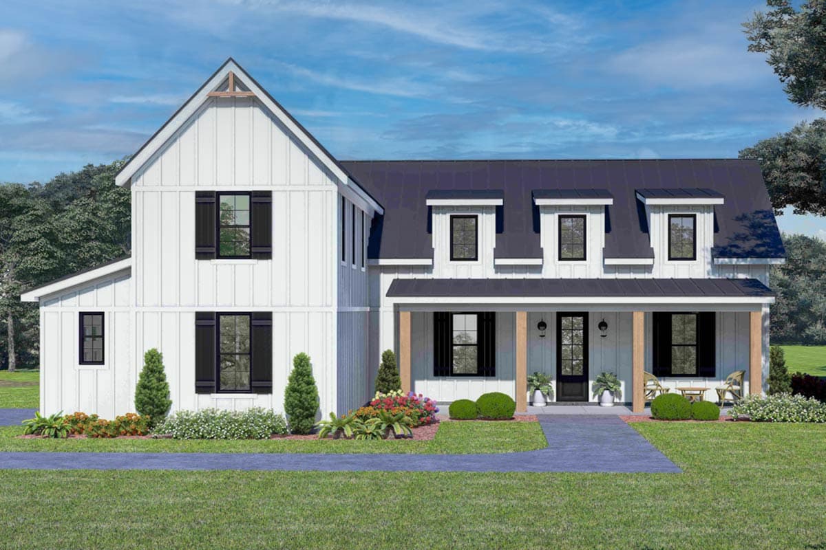 House plan exterior. Farmhouse style, two-story home with a gabled roof and a front porch. Features dormer windows and wood-look porch columns.