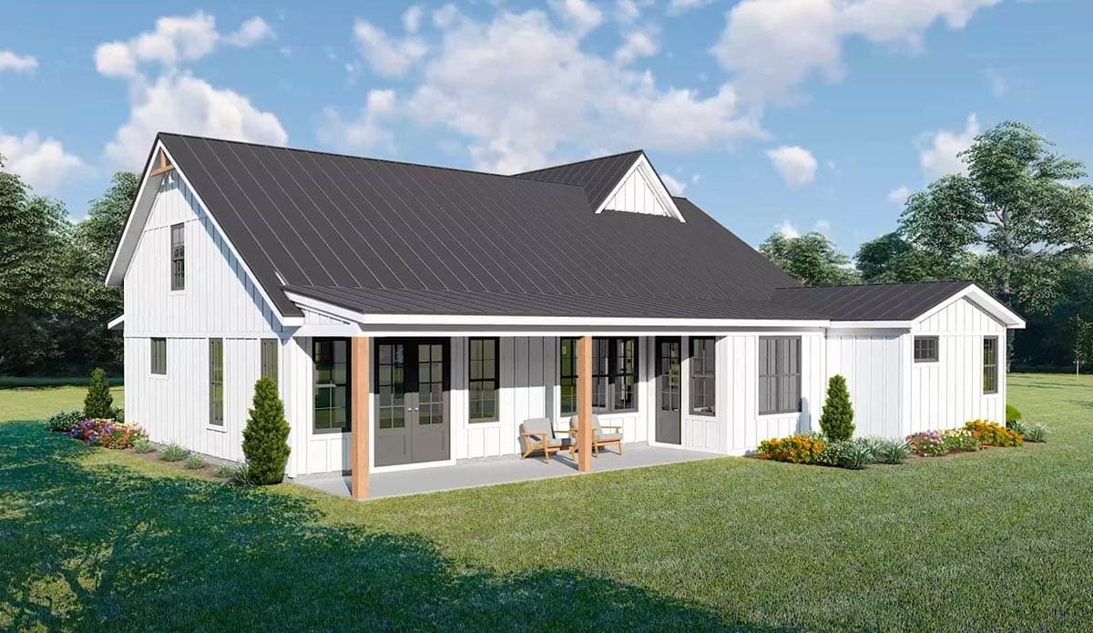 Modern Farmhouse style house plan exterior with white board-and-batten siding, dark metal roof, and covered porch with wood columns.