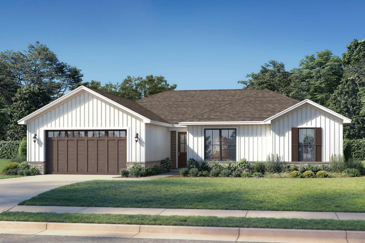 House plan exterior. Ranch style with a gabled roof, board and batten siding, and a two-car garage. Features include shutters and sconces.