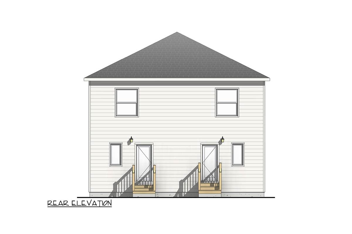Rear elevation drawing of a two-story house with two entrances, symmetrical windows, and a pitched roof.