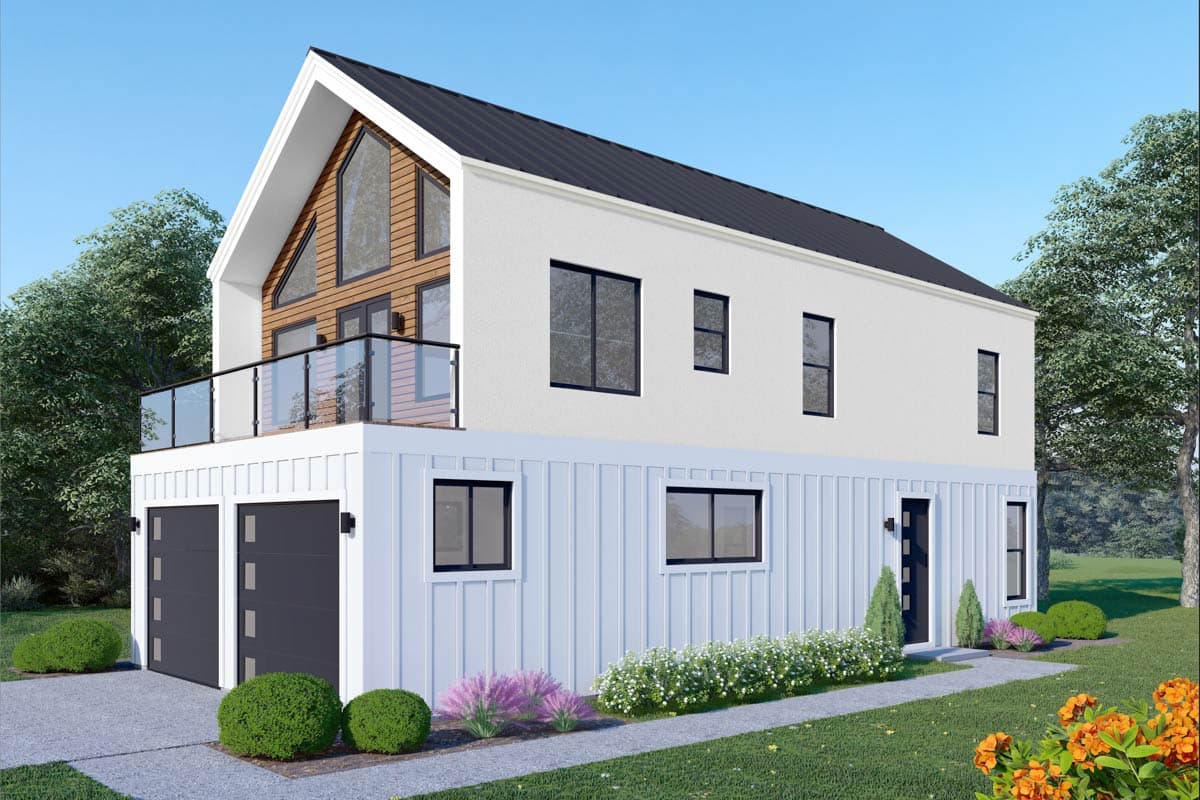 House plan exterior. Two-story modern house with a gable roof, glass balcony, and two-car garage. Features include board-and-batten siding.