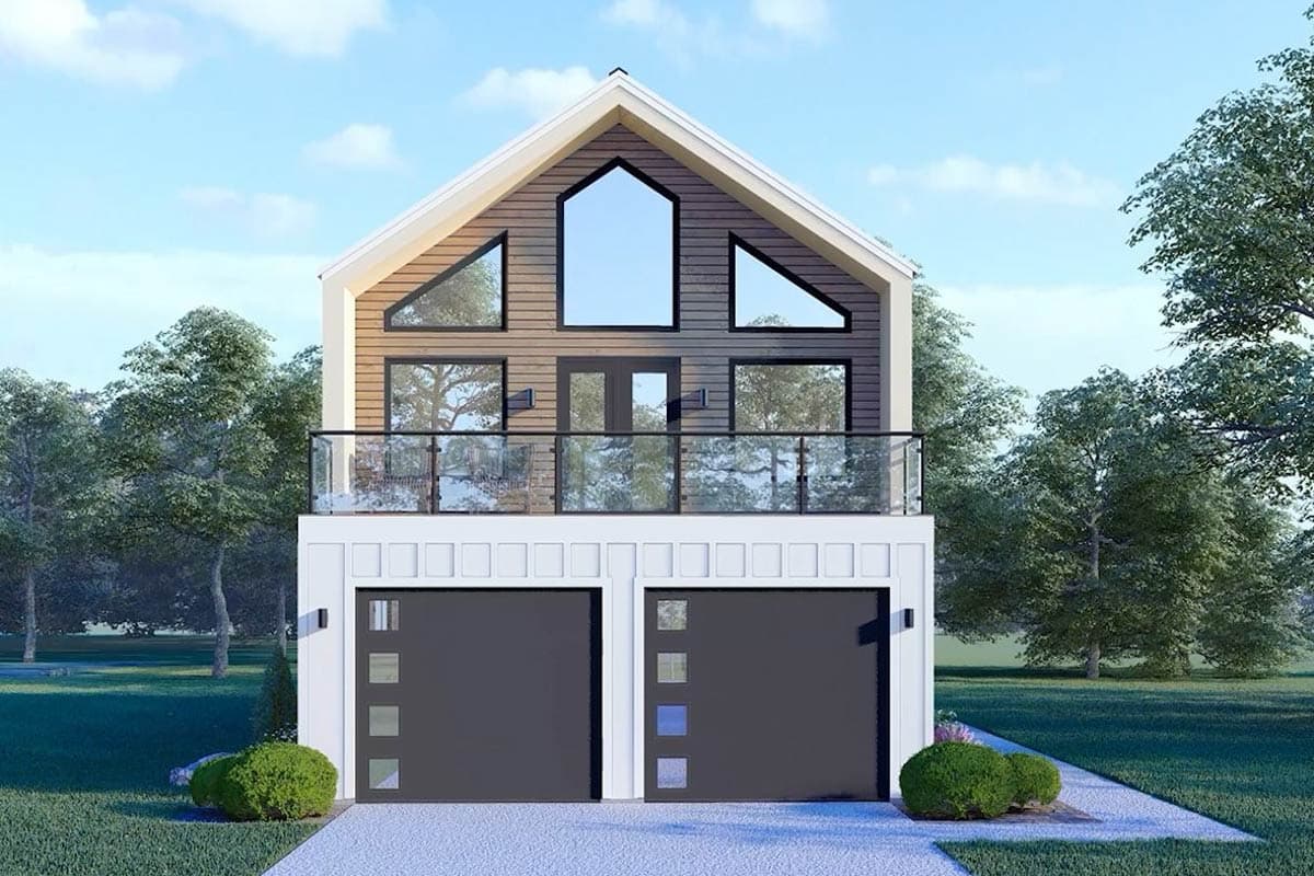 House plan exterior with a steep gable roof, large upper windows, glass balcony, and a dual garage.