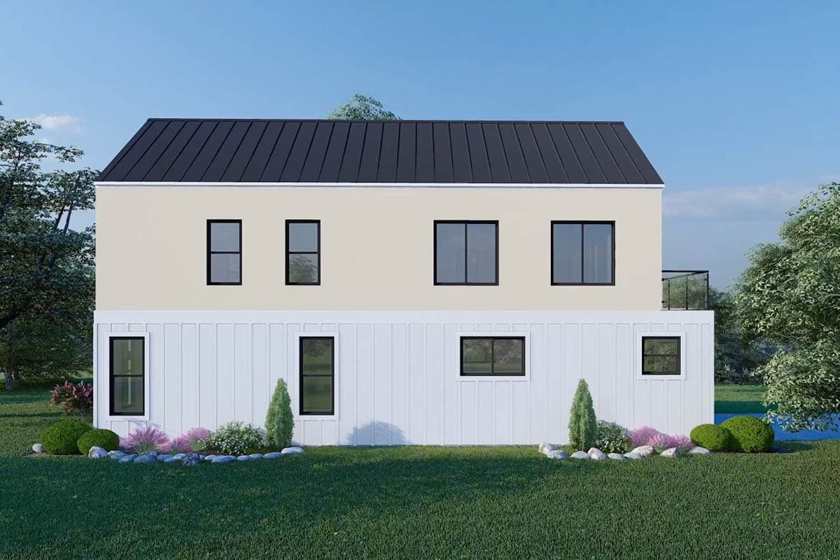 House plan exterior: Two-story modern design with a dark metal hip roof, cream upper siding, and white board-and-batten lower siding.