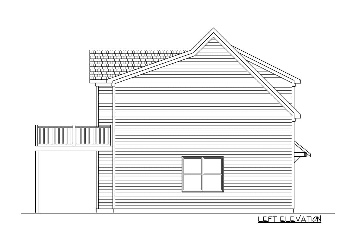 House plan left elevation showing a pitched roof, siding, a deck, and one window.