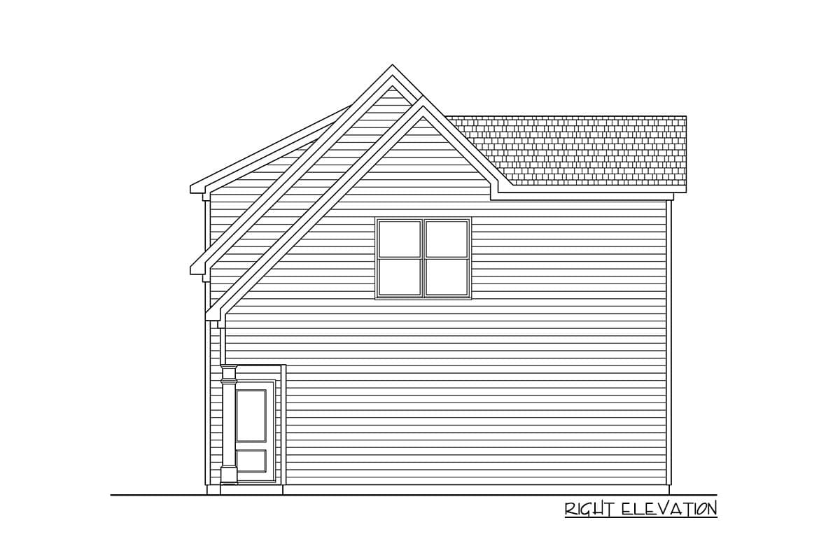 Right elevation drawing of a house plan, showing a gable roof, a dormer window, and a front door with a small porch.