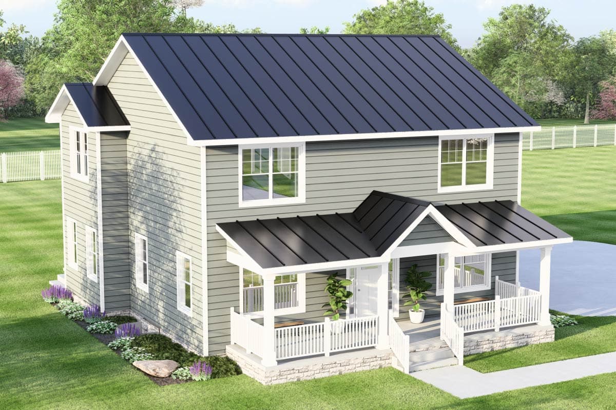 Two-story house plan exterior with a gable roof, porch with white railings and a metal roof.