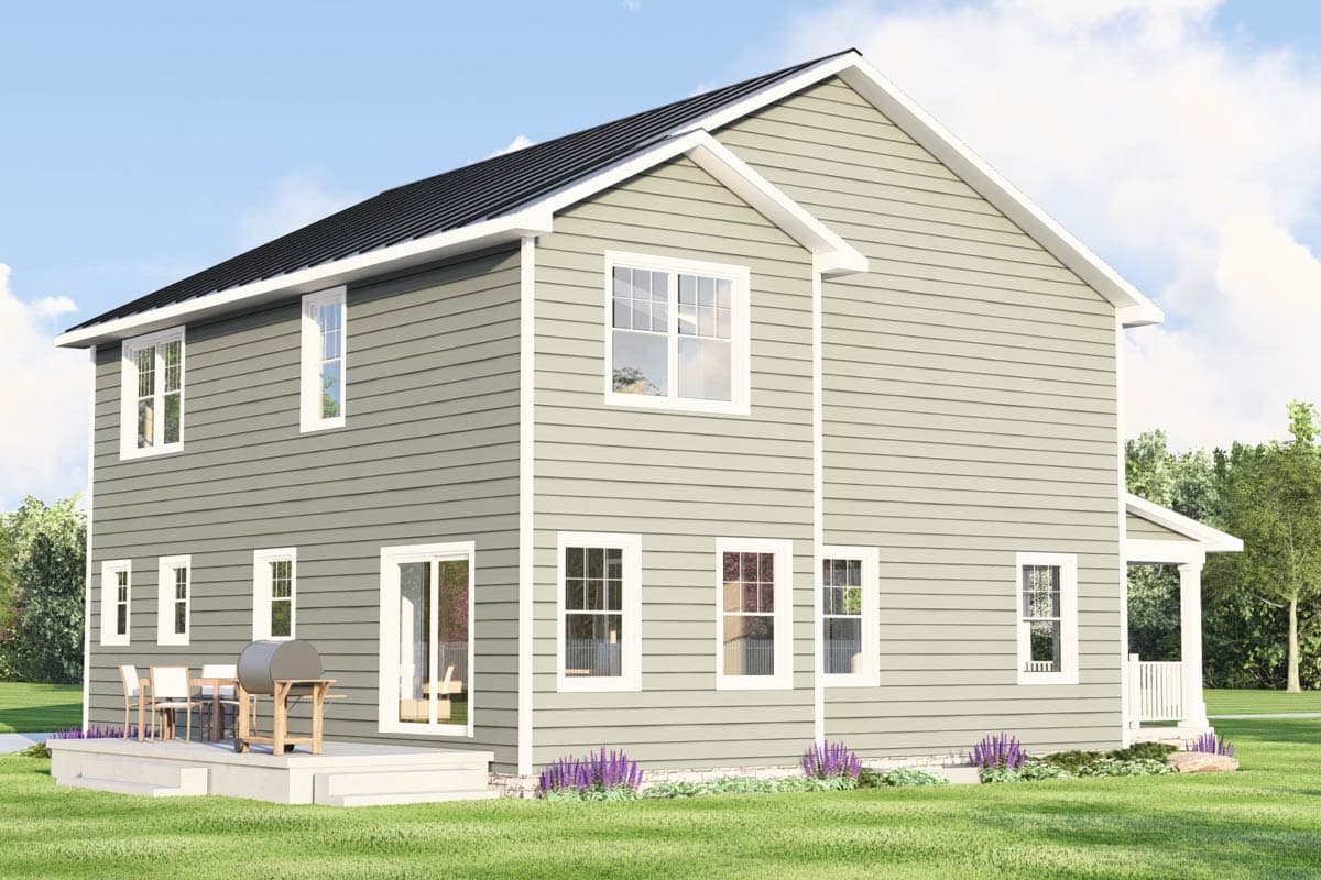 Two-story house plan exterior with horizontal siding, a gabled roof, multiple windows, and a side porch.