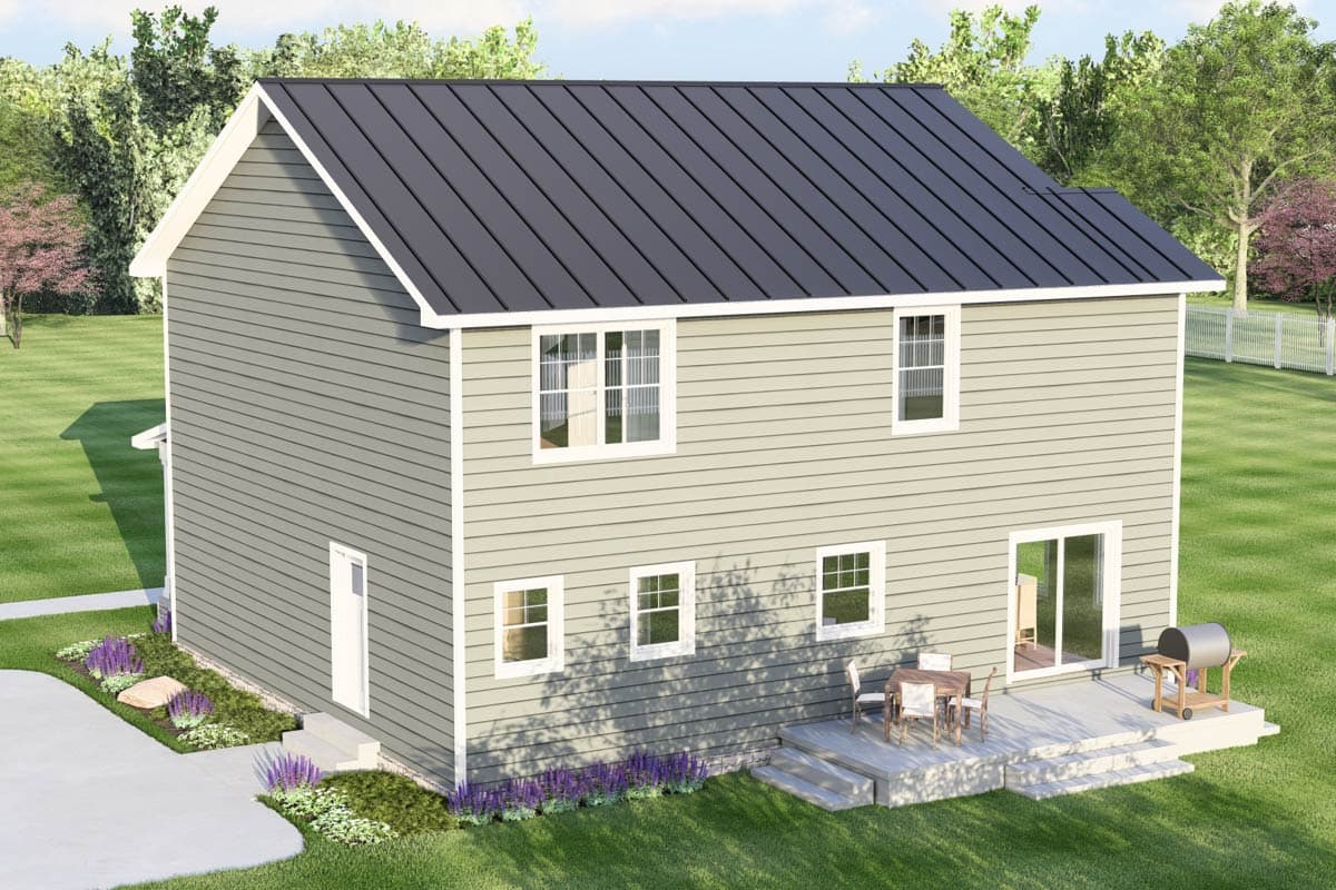 House plan exterior: two-story, light gray siding, dark metal gable roof, white trim, multiple windows, and deck with seating.