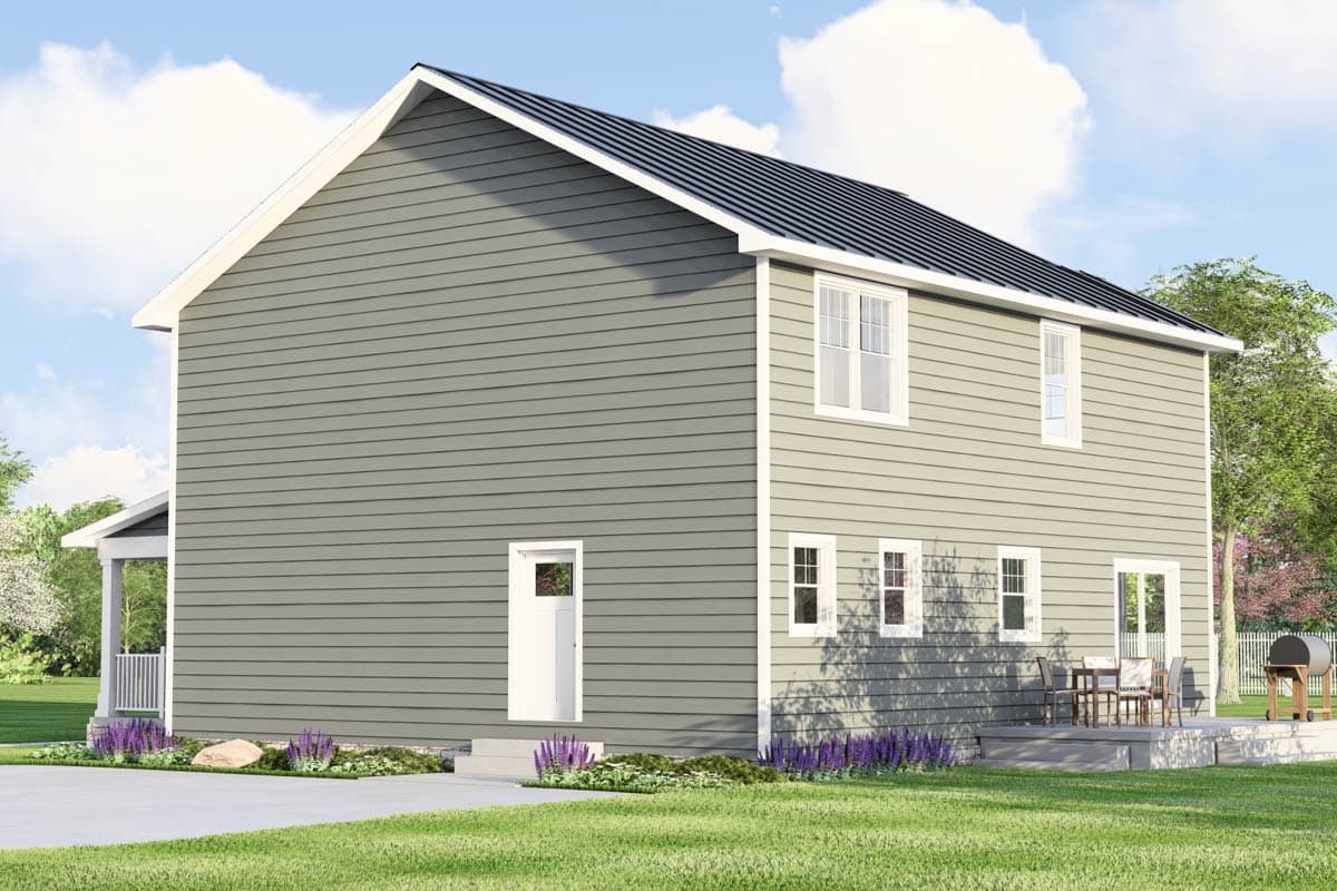 House plan exterior: two-story home with gabled roof, vinyl siding, front porch, and rear deck.
