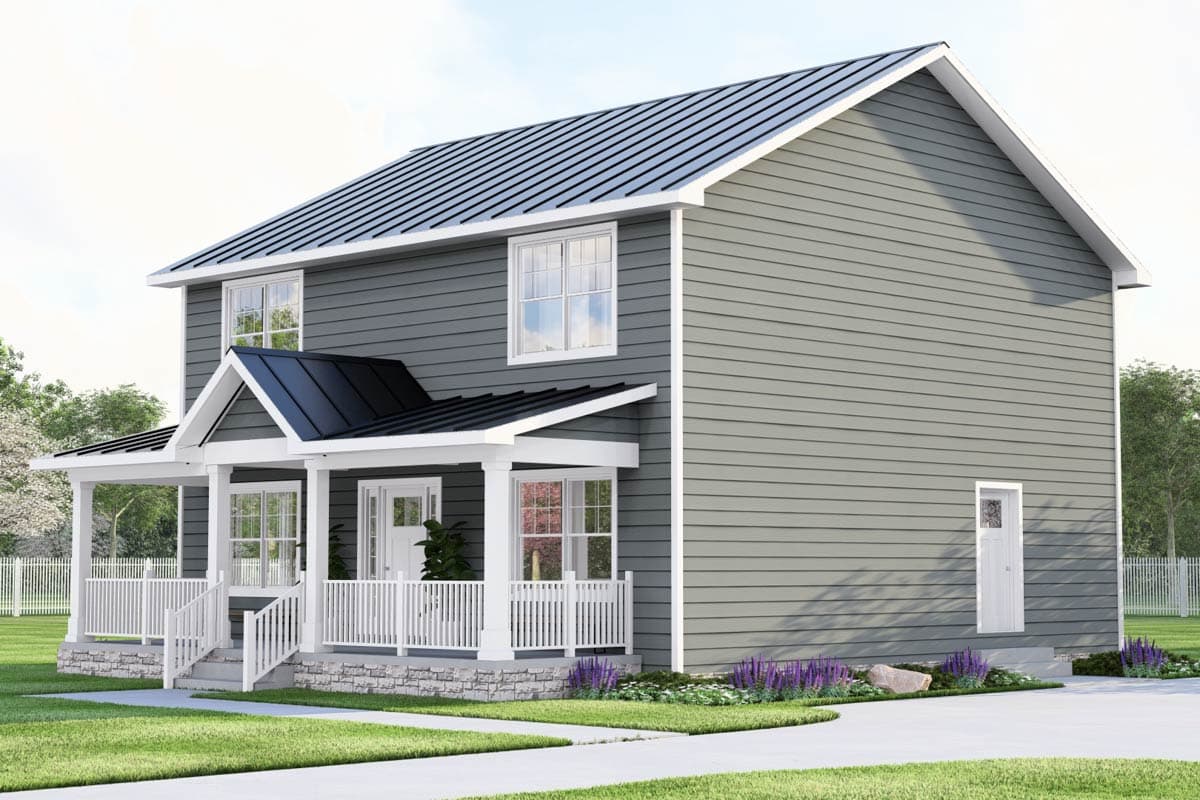 Two-story house plan exterior with a full wrap-around porch, gable roof over entrance, and horizontal siding.