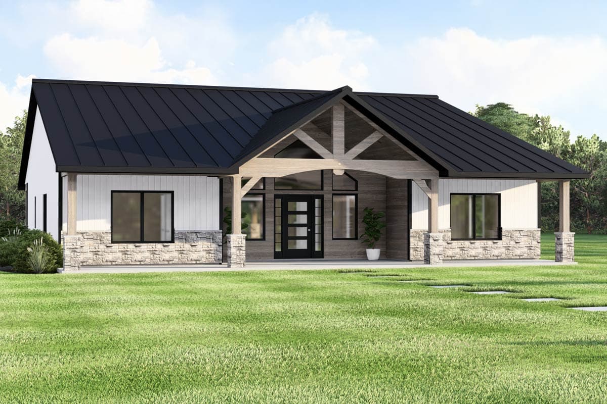 Modern house plan exterior: one story, white siding, stone base, exposed timber gable over entryway, dark metal roof.