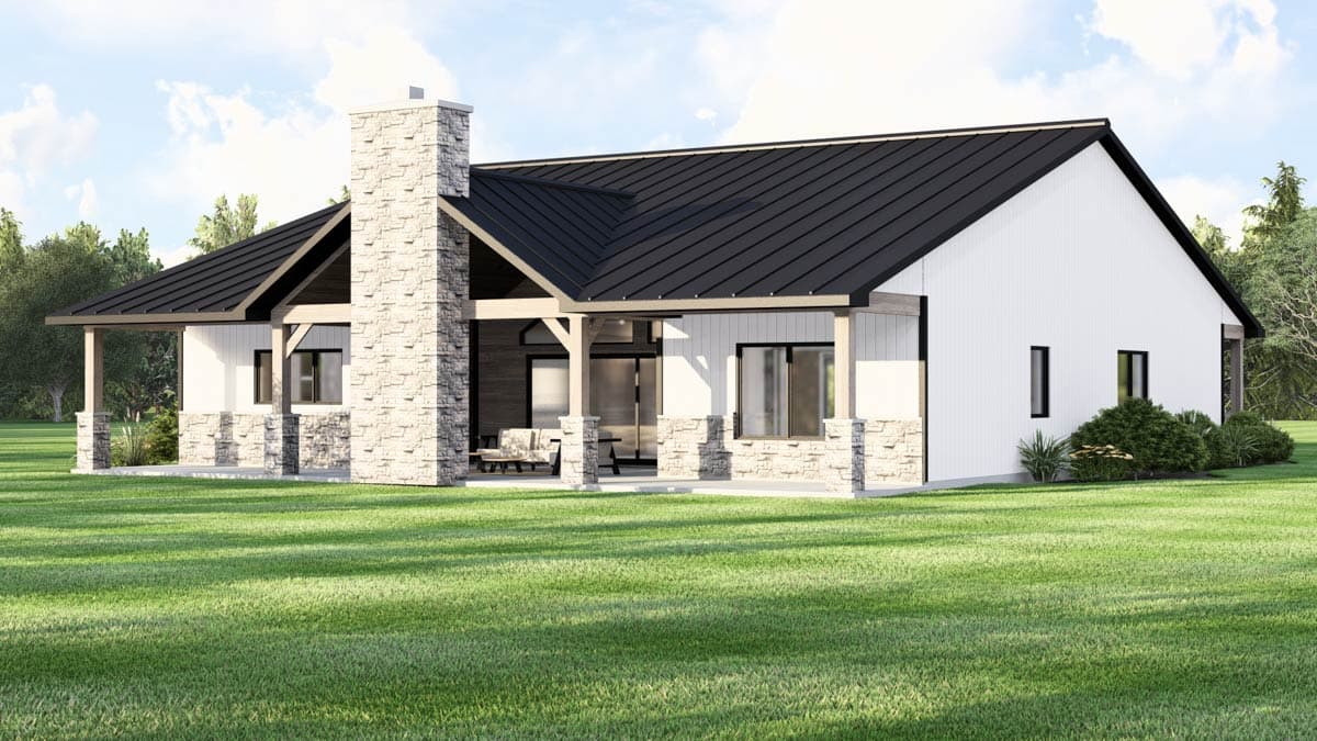 House plan exterior: Ranch style with black metal roof, prominent stone chimney, covered porch, and board and batten siding.