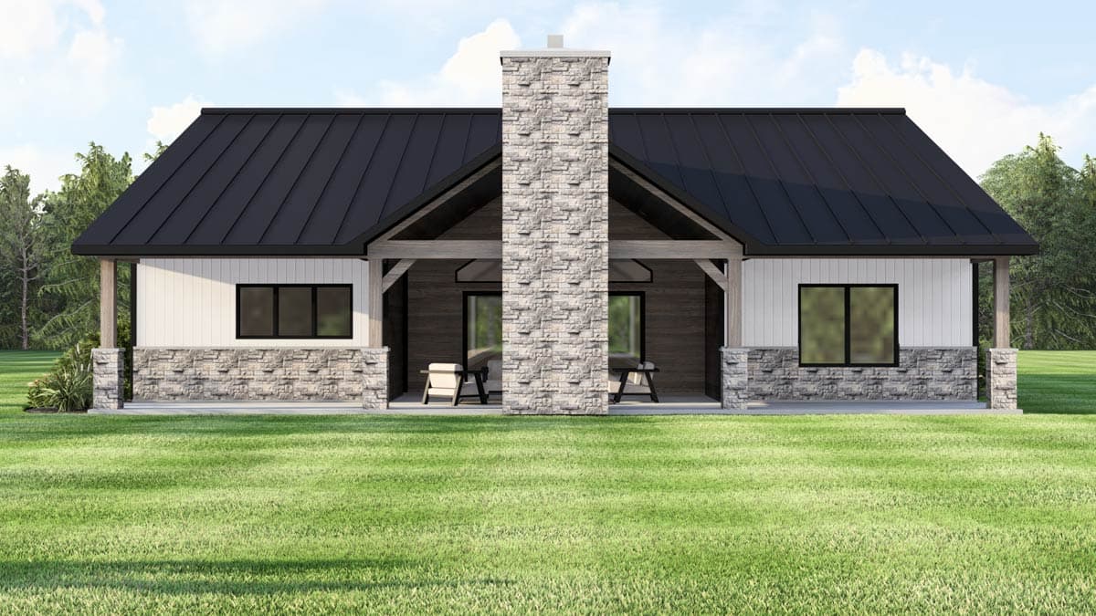 House plan exterior with black metal roof, stone and vertical siding, central stone chimney, and exposed beams.