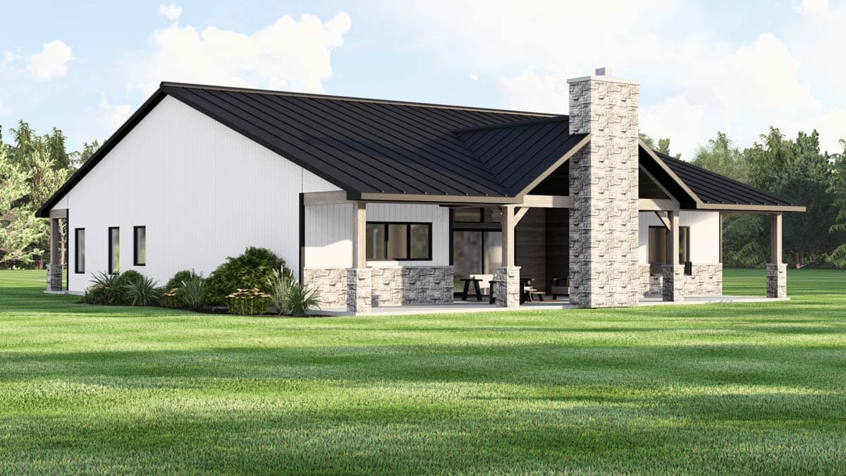 Modern house plan exterior with white vertical siding, dark metal roof, stone chimney, covered porch with wood beams, and horizontal windows.