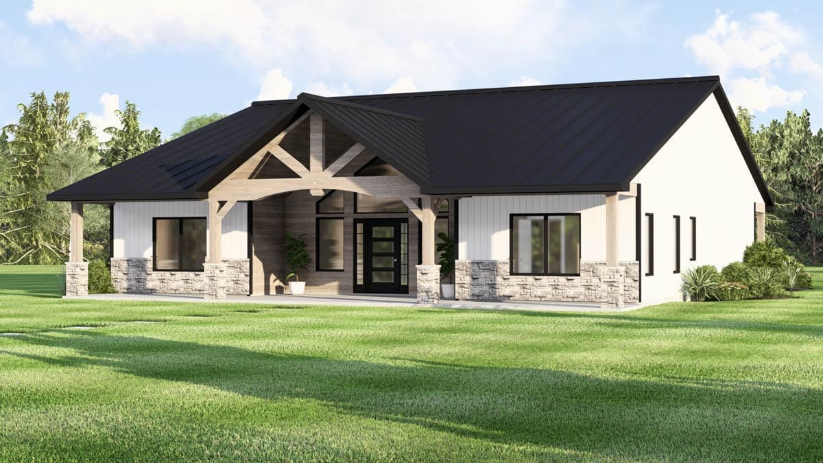 Modern house plan exterior with a black metal roof, stone foundation, wood-trimmed entry, and large gable.