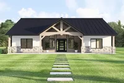 Open Concept Mountain House Plan with Split Beds and Outdoor Fireplace