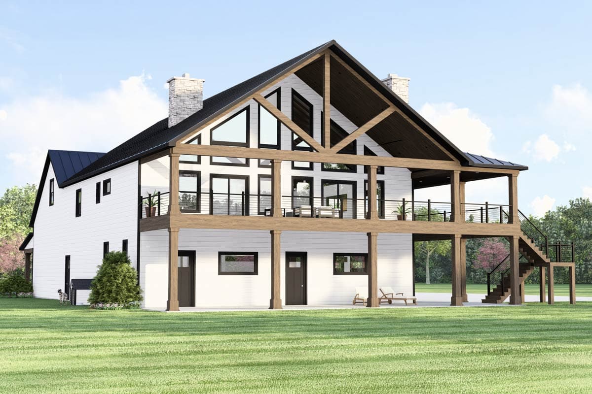 House plan exterior: Modern farmhouse style, two stories, white siding, exposed wooden beams, large windows, and covered upper balcony.