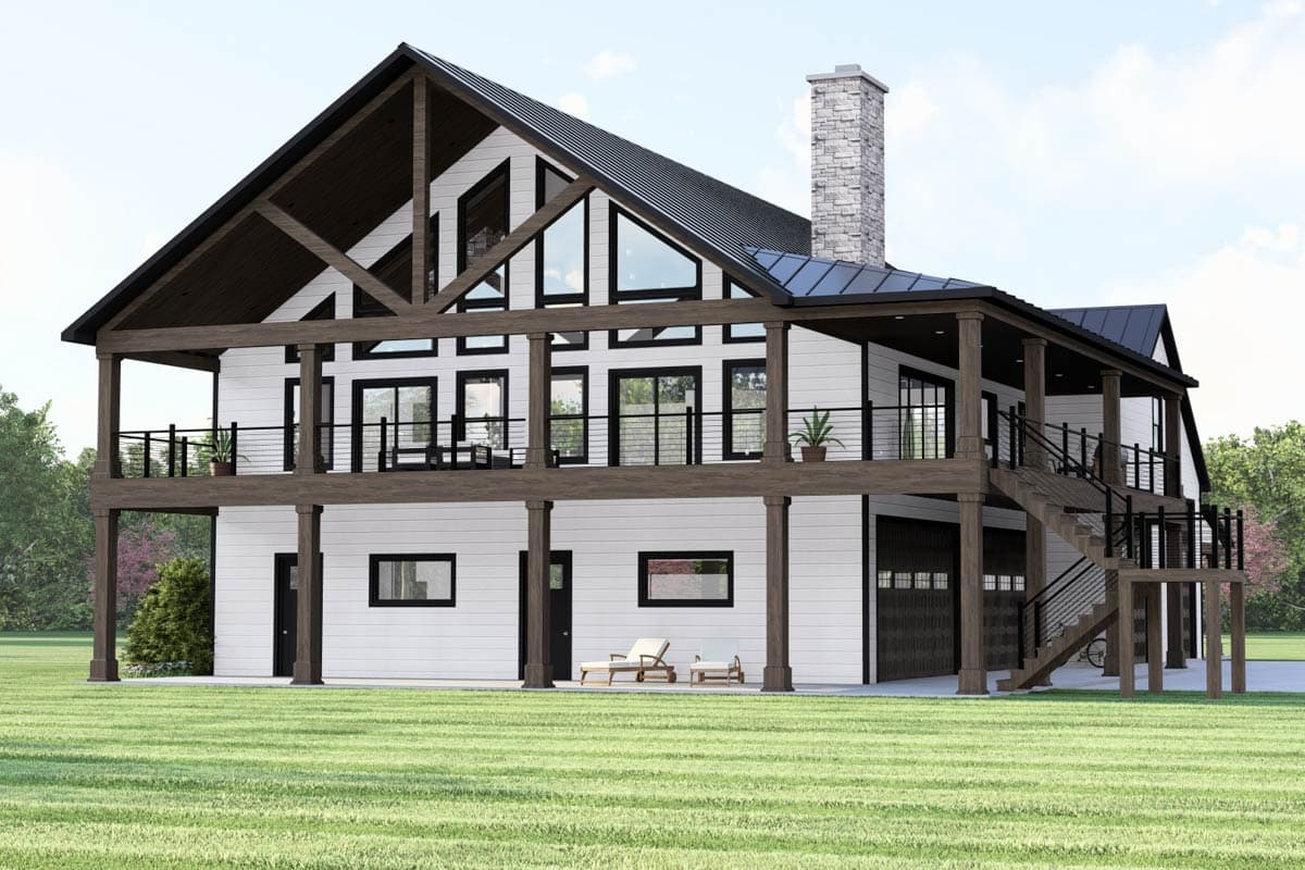 House plan exterior. Two-story Modern Farmhouse with a covered porch, multiple gables, and a stone chimney. Features include a garage.