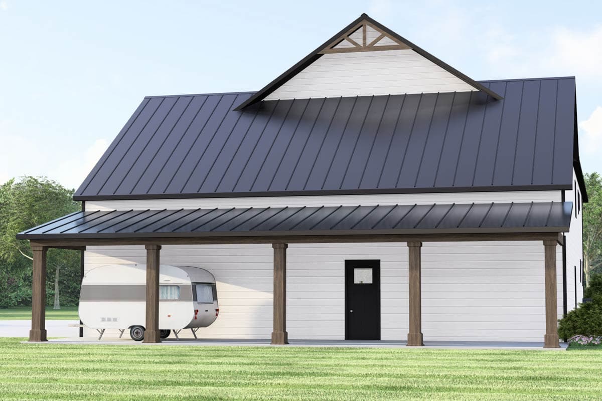 House plan exterior: Modern Farmhouse style, white siding, dark metal roof, covered porch, gable detail.