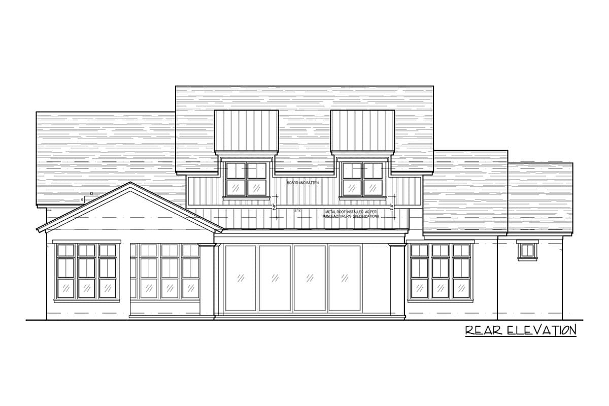 Rear elevation floor plan showing multiple stories, gabled dormers with metal roofs, and a series of large windows.