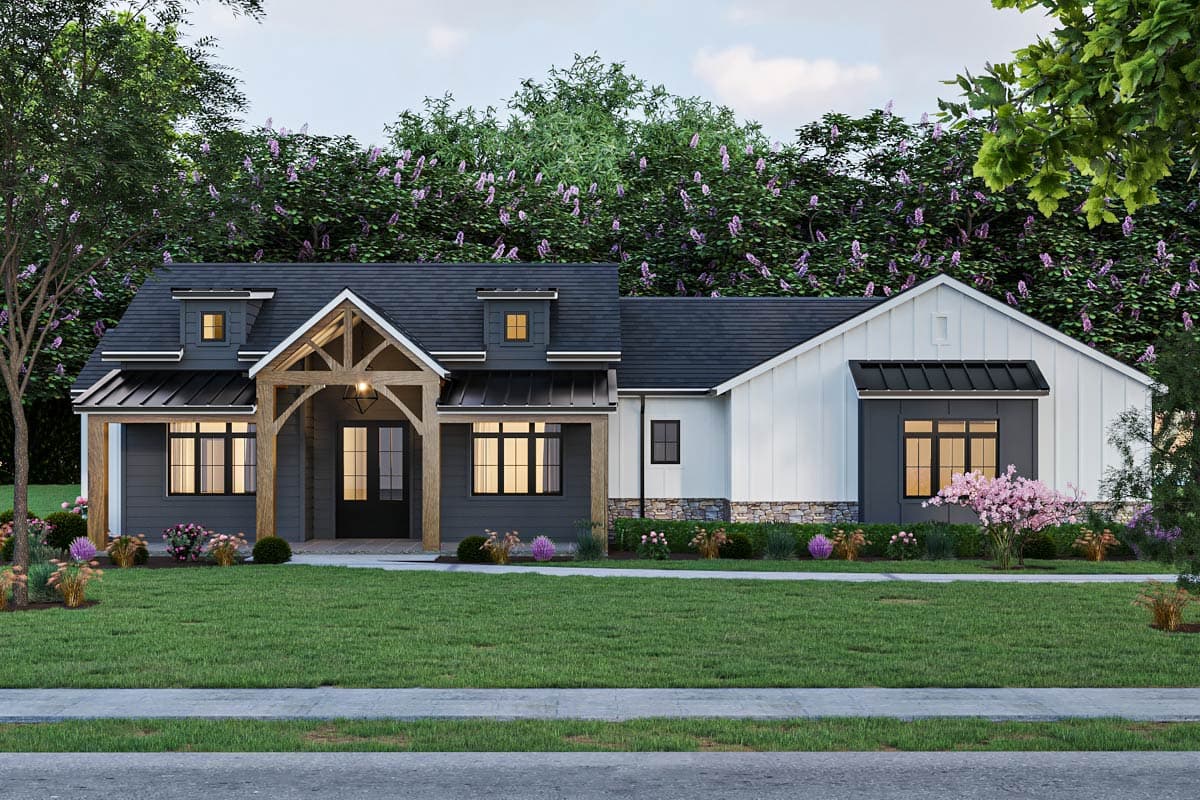 House plan exterior. Modern farmhouse style with gabled roof, timber-framed porch, and dark-trimmed windows on a single-story structure.