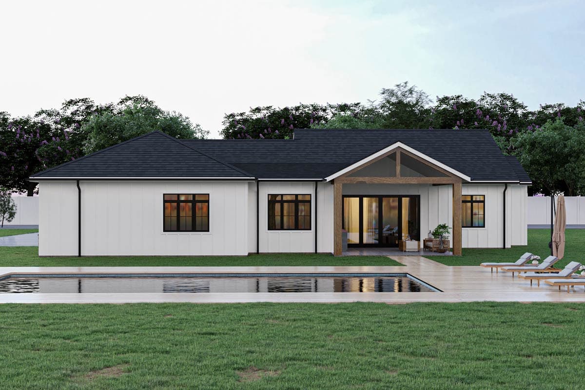 House plan exterior: White Modern Farmhouse style, one-story, with gabled roof, covered patio with wood beams, and board-and-batten siding.