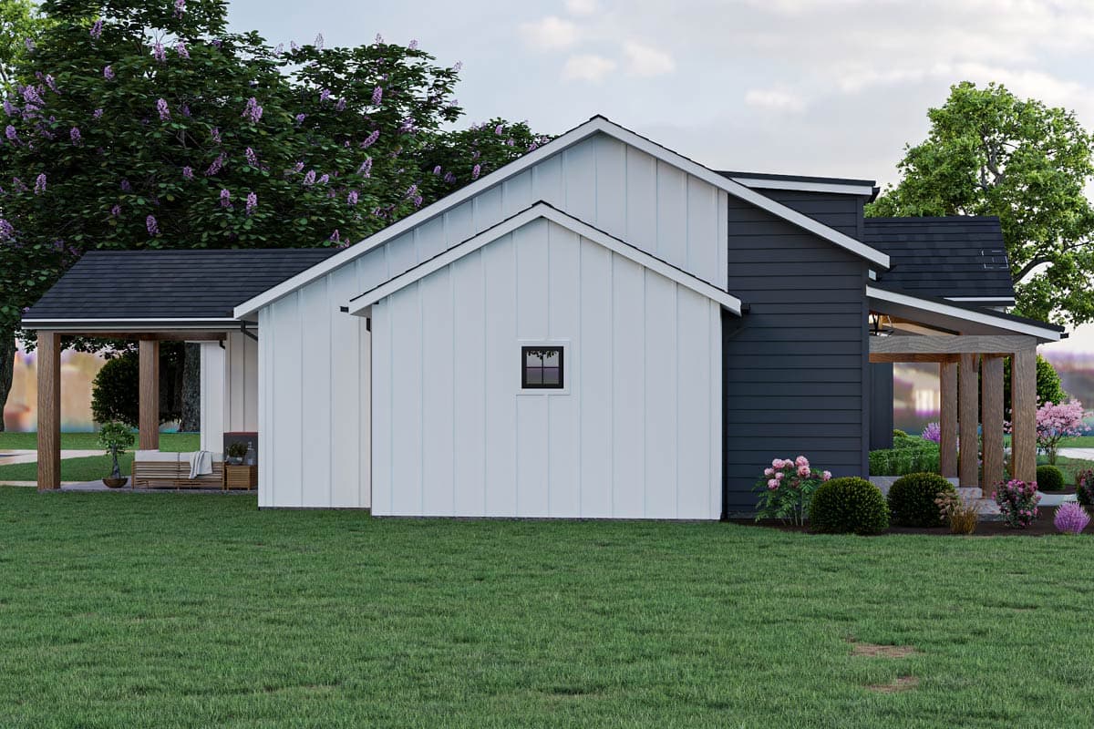 Modern Farmhouse house plan exterior with white board and batten siding, dark siding, gable roofs, and a covered porch with wooden posts.
